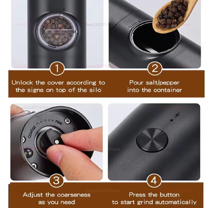 Electric Automatic Salt and Pepper Grinder Set Rechargeable with USB Gravity Spice Mill Adjustable Spices Grinder with LED Light